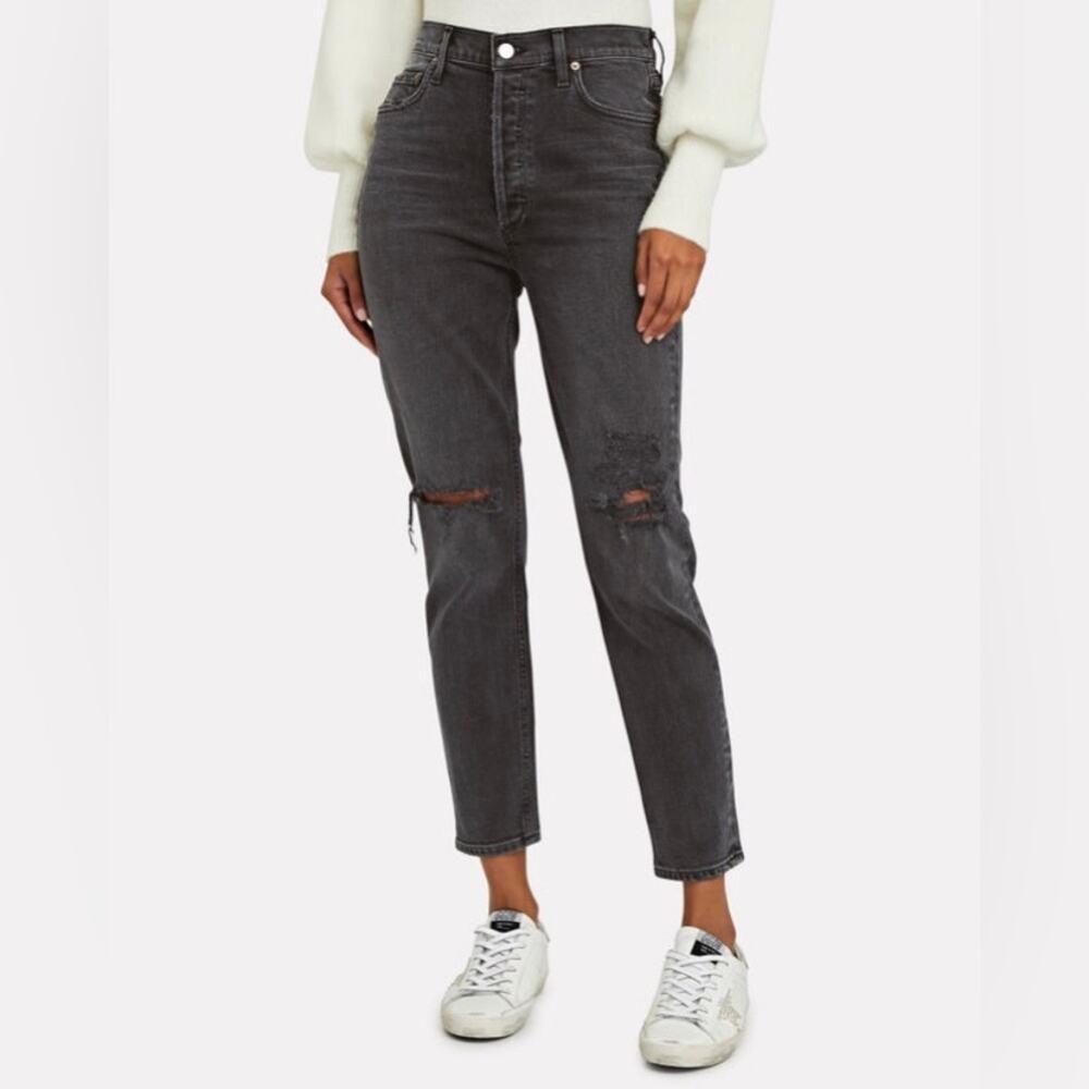 Agolde High Rise Distressed Mom Jeans in Washed Black